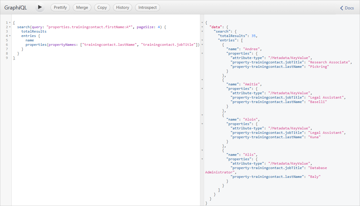 GraphiQL with a search query requesting only the lastName and jobTitle properties, and four results showing just those two properties