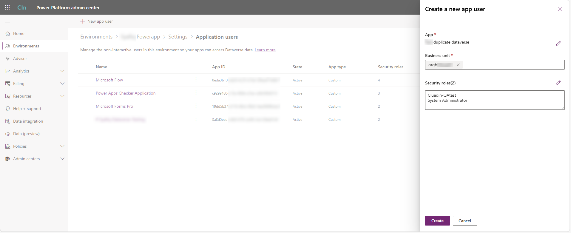 Create a new app user pane with the app, business unit, and two security roles: Cluedin-QAtest and System Administrator