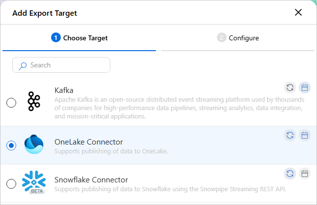 Choose Target tab of the Add Export Target pane with OneLake Connector selected