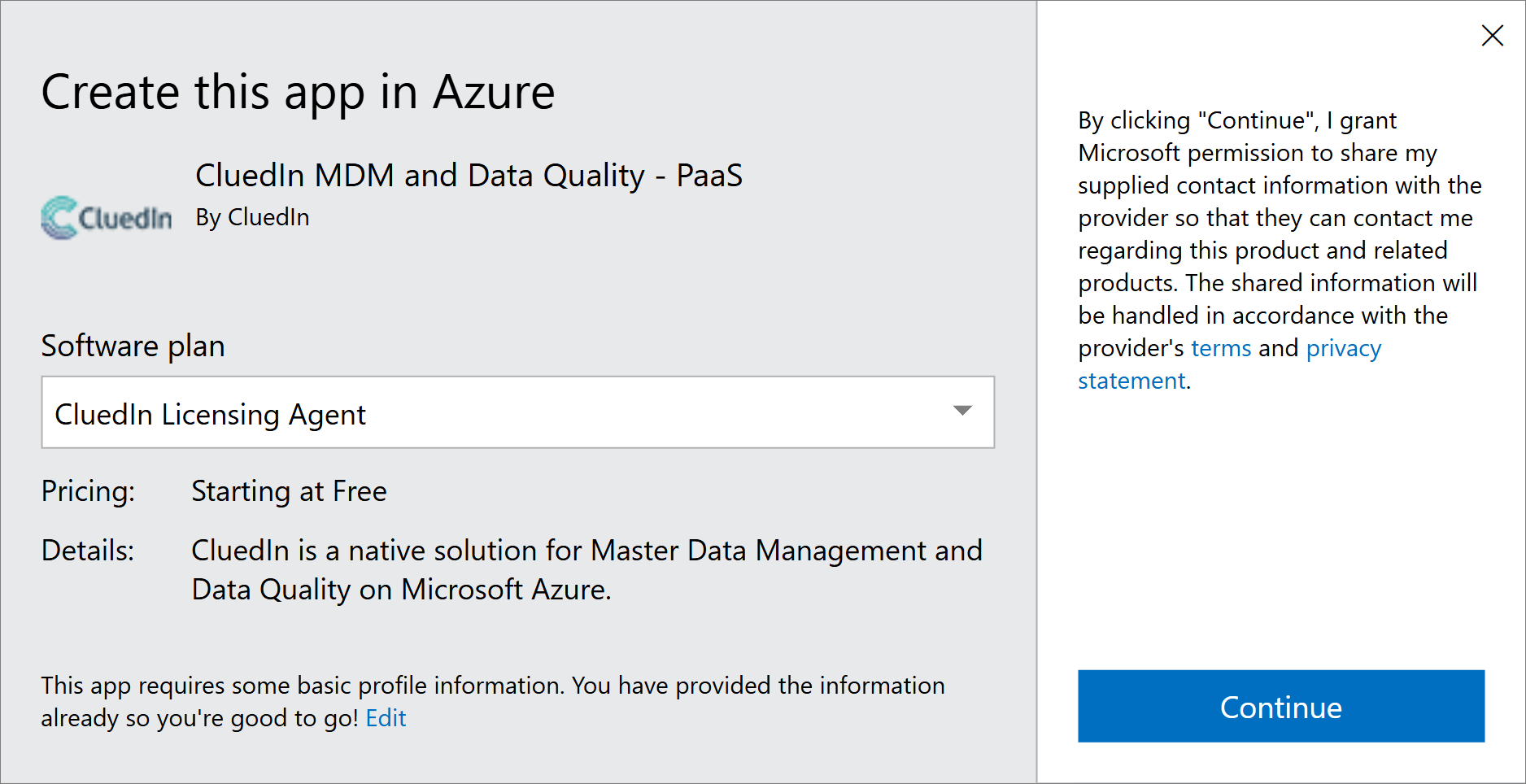 Create this app in Azure window with CluedIn Licensing Agent selected as the Software plan, and a Continue button