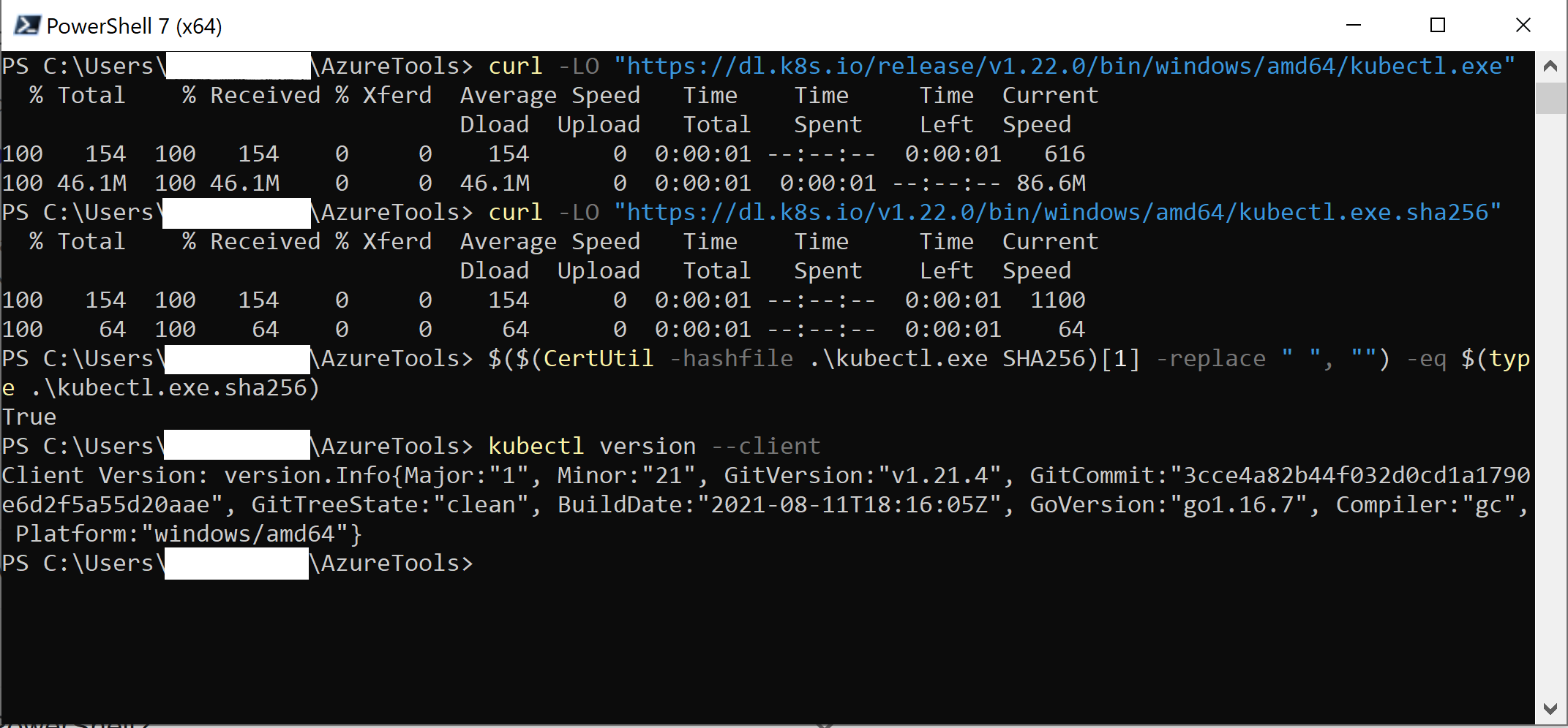 PowerShell downloading kubectl.exe and its sha256 file with curl, verifying the hash as True, and kubectl version --client printing the client version