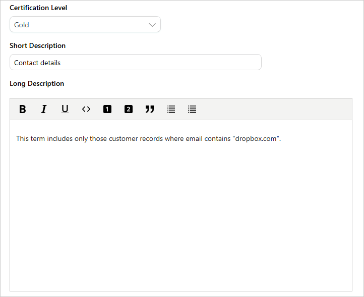 Term details in edit mode with Certification Level Gold, a Short Description, and a Long Description