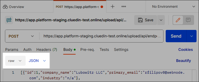 POST request Body tab set to raw and JSON, with a JSON array of company records in the body