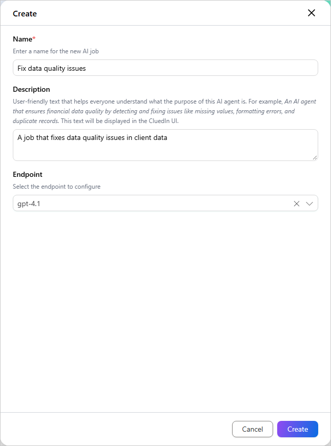 The Create pane for an AI agent job, with Name, Description, and the gpt-4.1 endpoint selected
