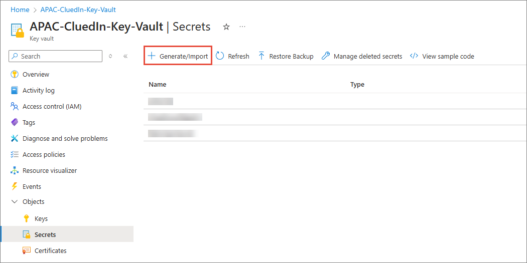 The key vault Secrets page, with + Generate/Import highlighted in the toolbar